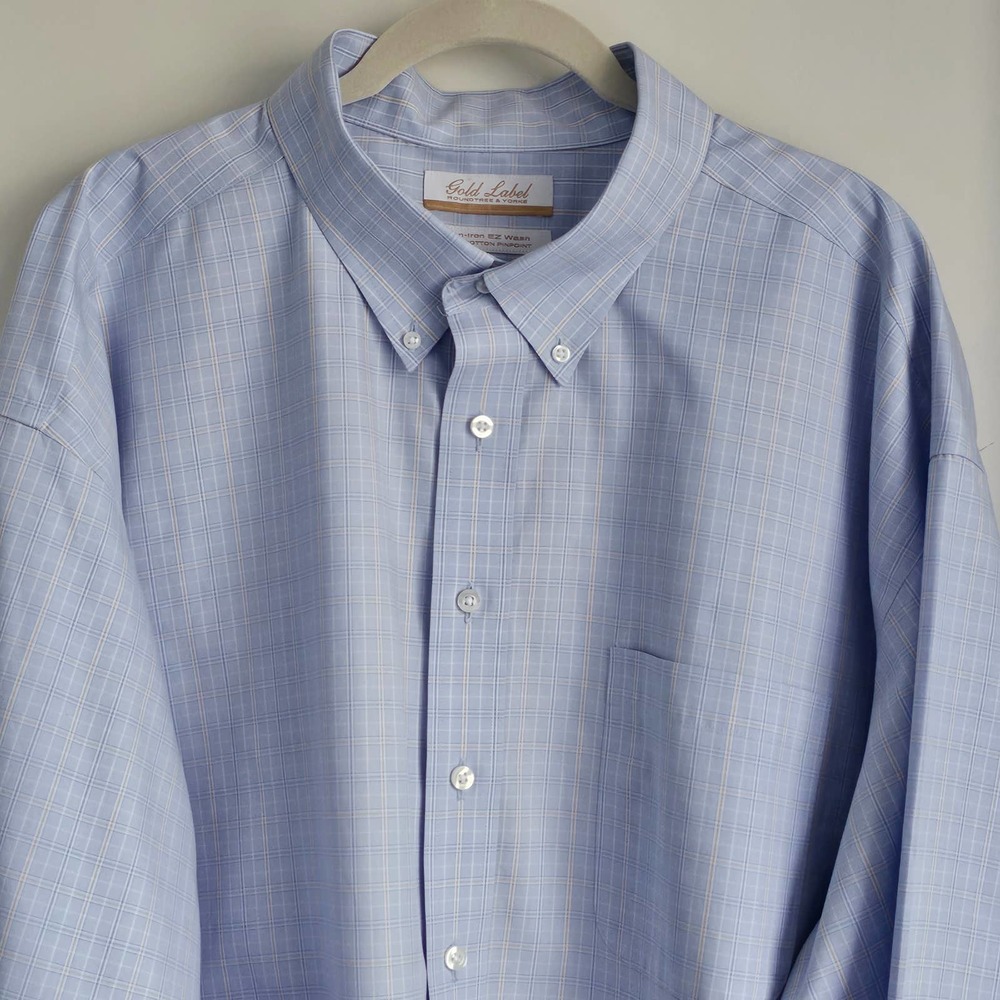 Roundtree & Yorke Men's Gold Label Blue Plaid Button Down Shirt Neck 19